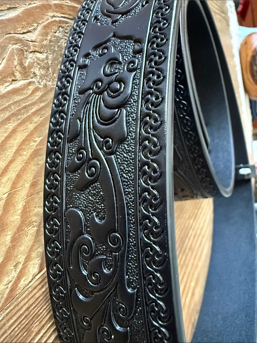 Classic Black Embossed Belt with Brushed Metal Buckle 46”